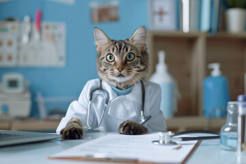 Doctor cat with stethoscope, Animal clinic concept.