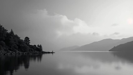 serene black and white lake landscape with fog and distant mountains