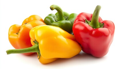 Four colorful bell peppers, red, green, yellow, and orange, isolated on a white background.