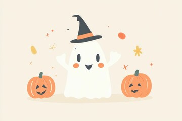 Ghost character with pumpkin accessories, playful Halloween theme, flat design illustration