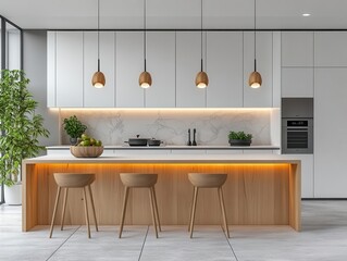 Poster - minimalist scandinavian kitchen with light wood island crisp white cabinets pendant lights and sleek appliances natural light streams through large windows highlighting clean lines