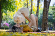 © kamonrat - Woman Lying on Blanket in Park Lifting Adorable Pomeranian Dog on Legs Amidst Yellow Leaves and Green Trees on a Bright DayKeywords: woman, lying, blanket, park, lifting, dog, Pomeranian, legs, yell