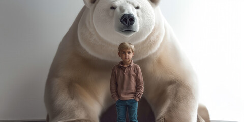 Wall Mural - Fotoporträt eines kleinen Jungen mit einem riesigen Eisbär