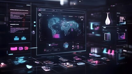 Wall Mural - futuristic digital interface with holographic world map and analytics dashboard