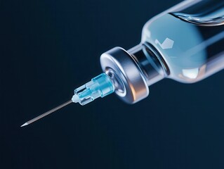 Detailed close-up of vaccine needle, liquid drop, 3D illustration