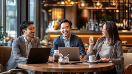 Business colleagues discuss strategies and share ideas in a contemporary café setting, fostering collaboration and teamwork