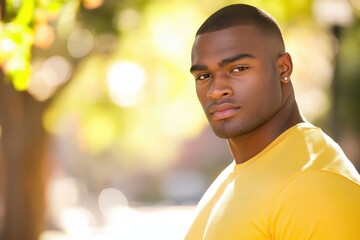 A close-up portrait of a young black man wearing a casual t-shirt, with a blurred background.