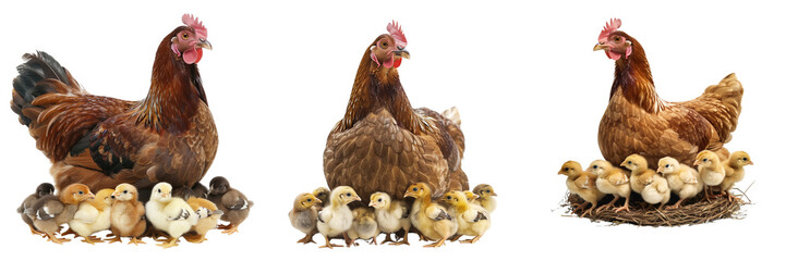 Set of high-resolution image focusing on a brown hen surrounded by its cute chicks,isolated on a transparent background