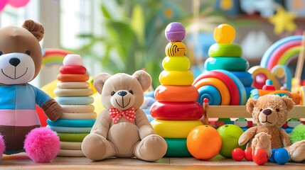 Wall Mural - Colorful cildren toys on table wooden plastic and plush toys