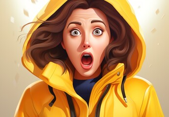 3d cartoon of an animated woman wearing a yellow hoodie, with a surprised expression