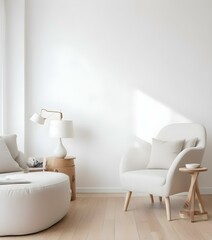 A minimalist living room with white walls, a wooden floor, and two comfortable white armchairs. A small side table with a lamp and some decorative items is placed between the chairs