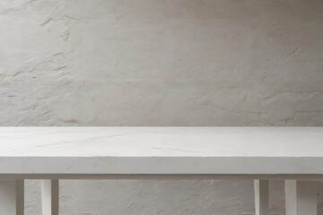 Empty white stone table photo for product with white stone house wall background, 