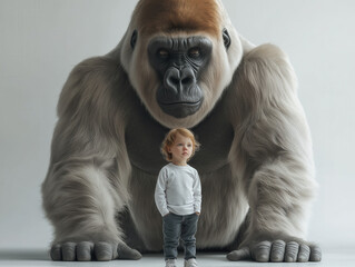 Poster - Fotoporträt eines kleinen Jungen mit einem riesigen Gorilla