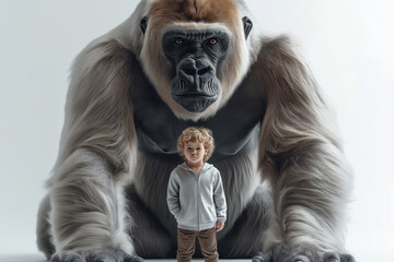 Poster - Fotoporträt eines kleinen Jungen mit einem riesigen Gorilla