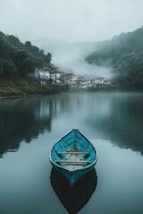 Poster - Small blue boat on lake