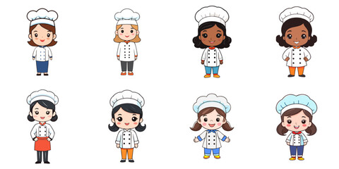 Illustration of multiple cute female chefs, black outline