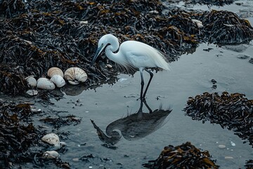 Wall Mural - an egret reflection is captured in tide pools surrounded by shells and seaweed