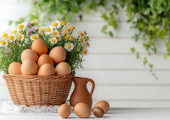 Rustic still life scene featuring a wicker basket with brown eggs on a lace-covered round table, accompanied by a clay jug with a bouquet of yellow, white, and purple wildflowers.
