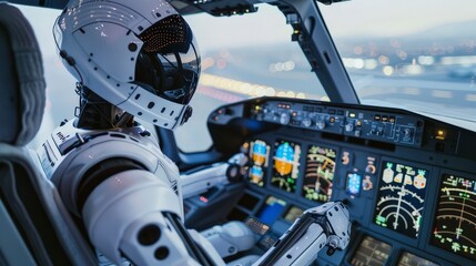 A robotic pilot wearing a helmet sits in the cockpit of a passenger airplane and controls the plane's instruments.