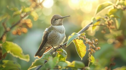 Wall Mural - A hummingbird perched gracefully on a vibrant green branch surrounded by soft golden light in a serene garden during the early morning hours