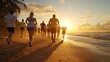 © iamtopkritsada - Diverse group of people jogging at sunrise on a beach, energy and health through community exercise
