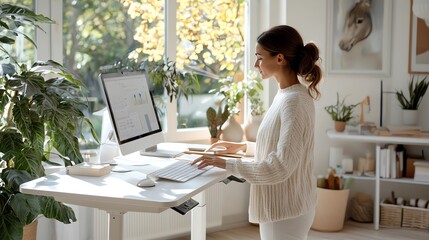 person using a standing desk in a bright home office, health through ergonomic design, modern worksp