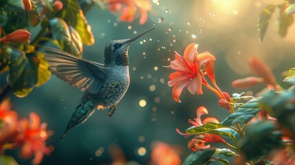 A hummingbird feeding on vibrant flowers in a sunlit garden filled with colorful blossoms during the warm afternoon hours of springtime