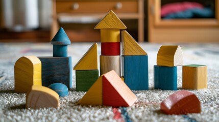 Wall Mural - Colorful wooden building blocks on carpet