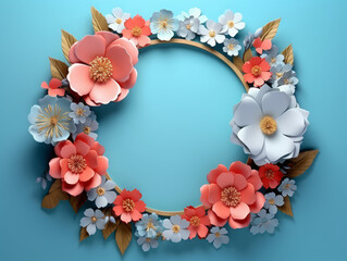 Wall Mural - Eyecatching Empty circular frame on roses floral decorated background