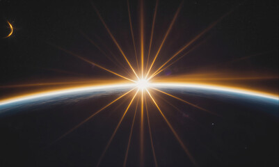 Sticker - A bright, golden sunrise peeks over the horizon of Earth, as seen from space