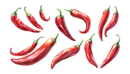 set of red hot chili peppers watercolor isolated on transparent background cutout