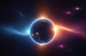 Wall Mural - a blue and orange light emanate from the planet, surrounded by a dark expanse of space dotted with s