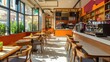 © SSTC AI Photo&Video - Two cafe interiors showcasing contrasting styles: one modern and spacious with natural light and greenery, the other cozy and intimate with warm lighting and wooden furnishings...