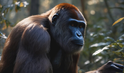 Wall Mural - a gorilla sits in the forest, looking thoughtful