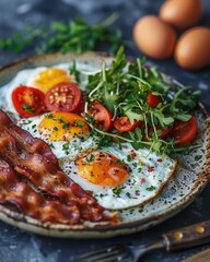 Nourishing meal with bacon, eggs, and a side salad, vibrant and fresh, soft natural lighting, detailed textures, eyelevel view