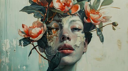 Poster - woman portrait with flowers on her head - abstract painting