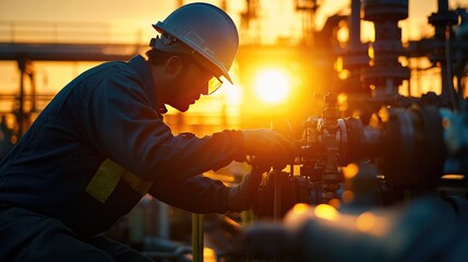 An engineer in safety gear performs maintenance work on industrial equipment during sunset, highlighting the dedication and precision in industrial operations..