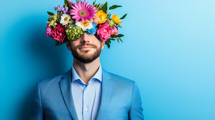 Wall Mural - Man wearing a blue suit with a floral crown.