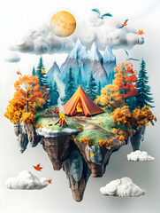 3D Flat Icon of Camper with Campfire and Tent on Floating Island   Surreal Camping Experience Concept with Mystical Clouds, Vibrant Flora, and Copy Space on Isolated White Backgrou