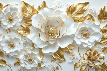 Wall Mural - Gold leaves and buds adorn white peonies in stucco.