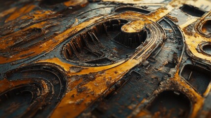 Abstract Close-Up of a Metallic Surface with Rusted Patches and Geometric Shapes