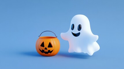 Adorable cartoon ghost holding a pumpkin bucket, ready for trick-or-treating, set against a simple blue background, capturing the fun of Halloween..