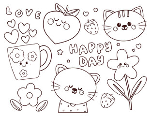 coloring page cartoon kawaii sticker set. cute sticker and doodle for coloring book