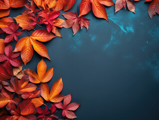 Wall Mural - Generous Autumn background autumn mood bright leaves and red rowan berries on a dark wooden table