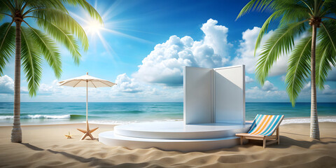 Tropical beach with podium on blue sky and white clouds. 3d rendering