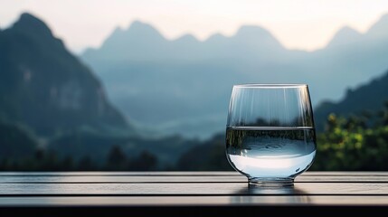 Wall Mural - A glass of water elegantly positioned on a wooden table, with majestic mountains towering in the distance. The harmonious blend of natural elements creates a peaceful and picturesque image