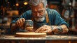 © Rasim - An image of a craftsman in a workshop sanding a wooden piece with an electric sander. A tattoo is visible on the forearm, highlighting the careful finishing of the wooden surface.