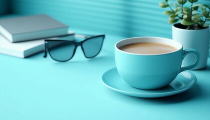 Wall Mural - Modern Website Layout Background Featuring a Clean and Professional Design, A white cup sits on a table in front of a blue wall