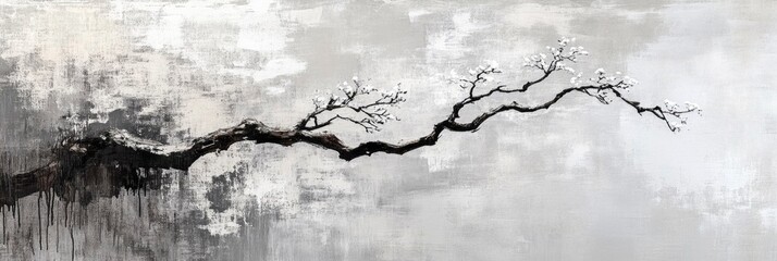 minimalist japandi art, brush strokes, white and grey shapes, small tree branch in the middle of composition
