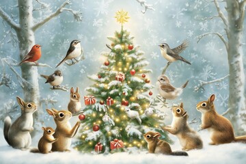 Wall Mural - A group of animals, including rabbits and birds. Christmas background